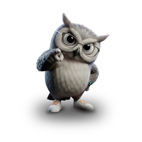 Mascote coruja da UP Vision apontando para você