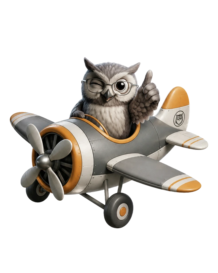 Mascote coruja da UP Vision pilotando um avião, decolando