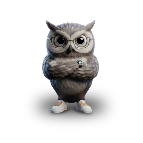 Mascote coruja da UP Vision de braços cruzados, confiante